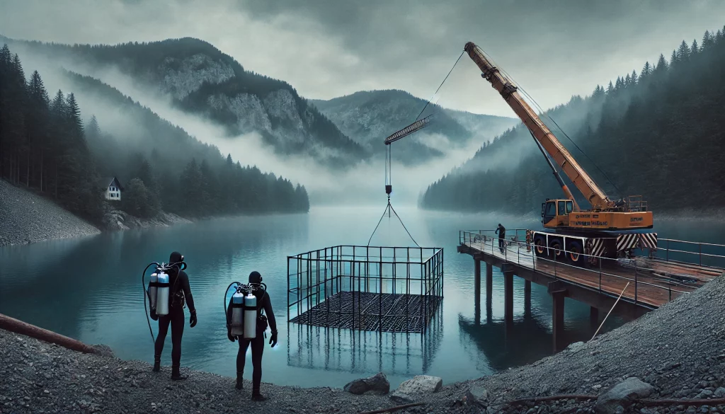 DALL·E 2025-09-19 15.58.02 - A photorealistic scene of a mountain lake in Germany under a cloudy, misty sky. In the background, forested mountains rise above the calm water. On th