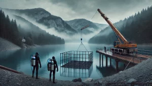 DALL·E 2025-09-19 15.58.02 - A photorealistic scene of a mountain lake in Germany under a cloudy, misty sky. In the background, forested mountains rise above the calm water. On th